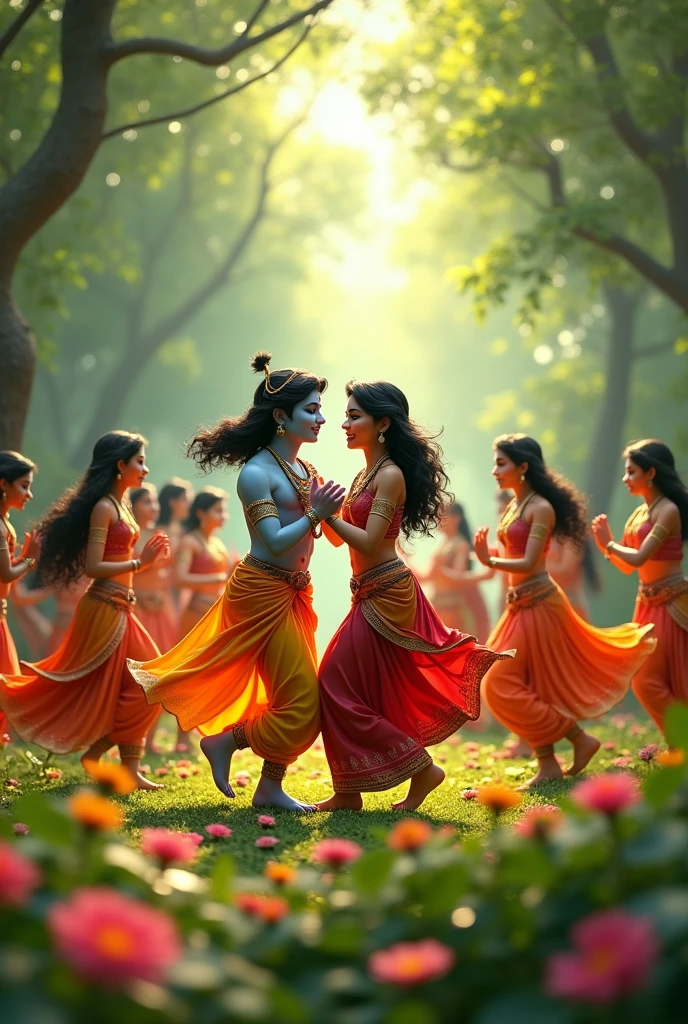 In cinematic 3D carton "Show Krishna and Radha in a blissful dance amidst a group of gopis in a lush, idyllic forest. The scene should be filled with vivid colors, with Krishna and Radha at the center, engaging in a graceful dance. The surrounding gopis, adorned in traditional clothing, are dancing and playing musical instruments, exuding joy and devotion."