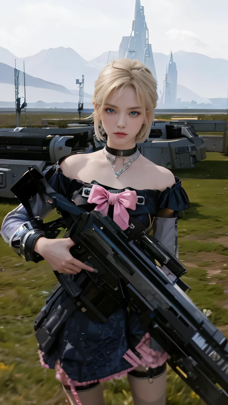 A beautiful woman. 20s. Blonde hair and blue eyes. Short hair. She is looking at the camera with a defiant expression. She wears a silver metallic battle uniform. There is something on his waist that is reminiscent of Kamen Rider's transformation belt. In her background is an image of outer space and a giant space battleship. A masterpiece.