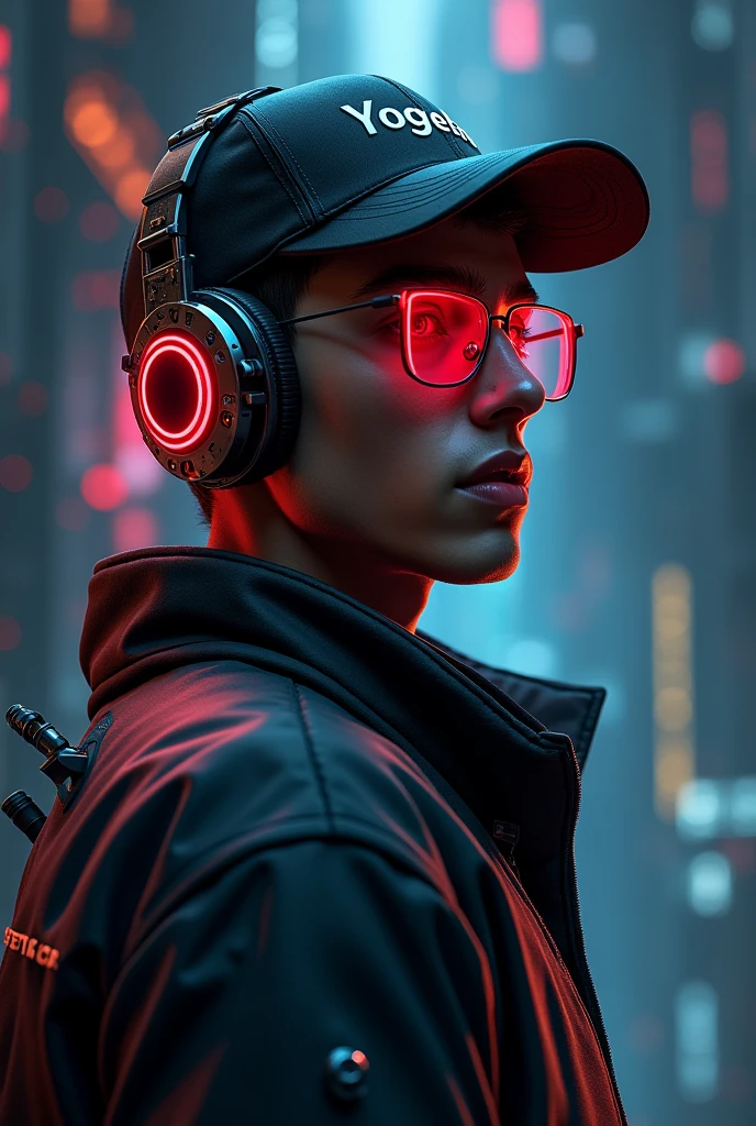 A highly detailed 19-year young boy cyborg, with a focus from the shoulders up, looking face to face the camera. The cyborg should have a futuristic and sleek appearance, intricate mechanical details, and neon glowing cybernetic implants. Include cyberpunk technology elements, such as cyberpunk-style glasses and headphones. His eyes should be red glowing and enigmatic, with an expression suggesting contemplation or curiosity. The background should be a dark cosmic setting with a cinematic and professional style, incorporating deep space elements like stars and nebulae. The transition between the cyborg's technology and the cosmic background should be smooth and harmonious, creating a striking and immersive visual contrast, the boy wearing black cap, YOGESH RATHOR name on the jaket 