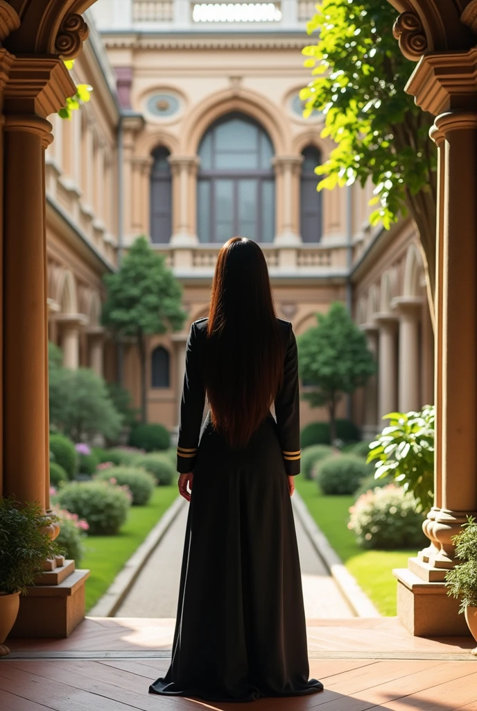 Panoramic photo of English style learning institute, A young woman in an elegant uniform stands with her back turned, very long waist-length dark brown hair, brown skin, latina seaArt style