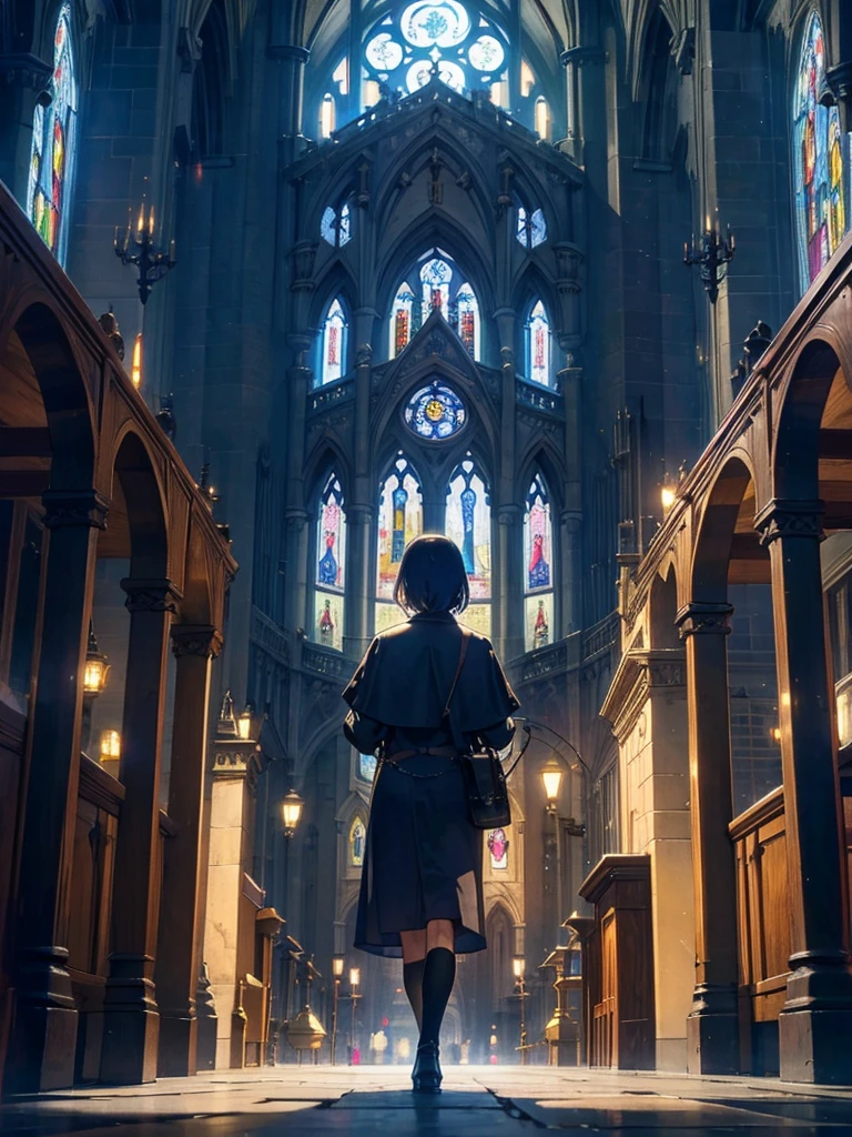 A huge cathedral under the moon、Stained glass、Chapel、Medieval streetscape,wide roadway、The sound of the bell rings out