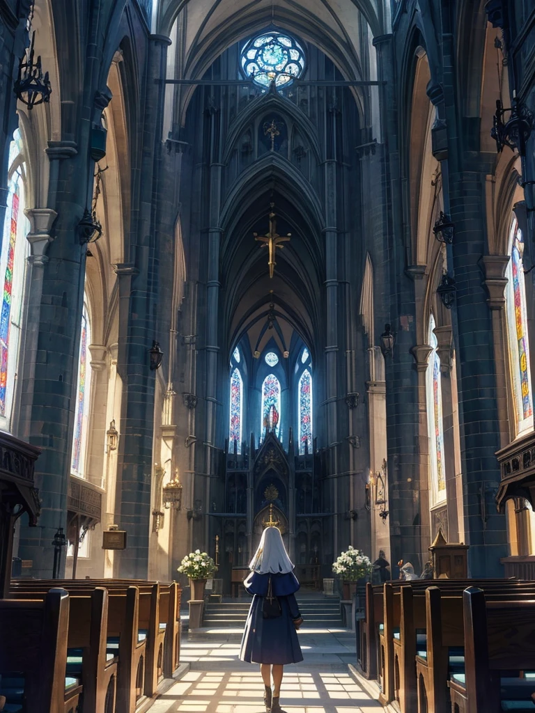 A huge cathedral under the moon、Stained glass、Chapel、Medieval streetscape,wide roadway、The sound of the bell rings out