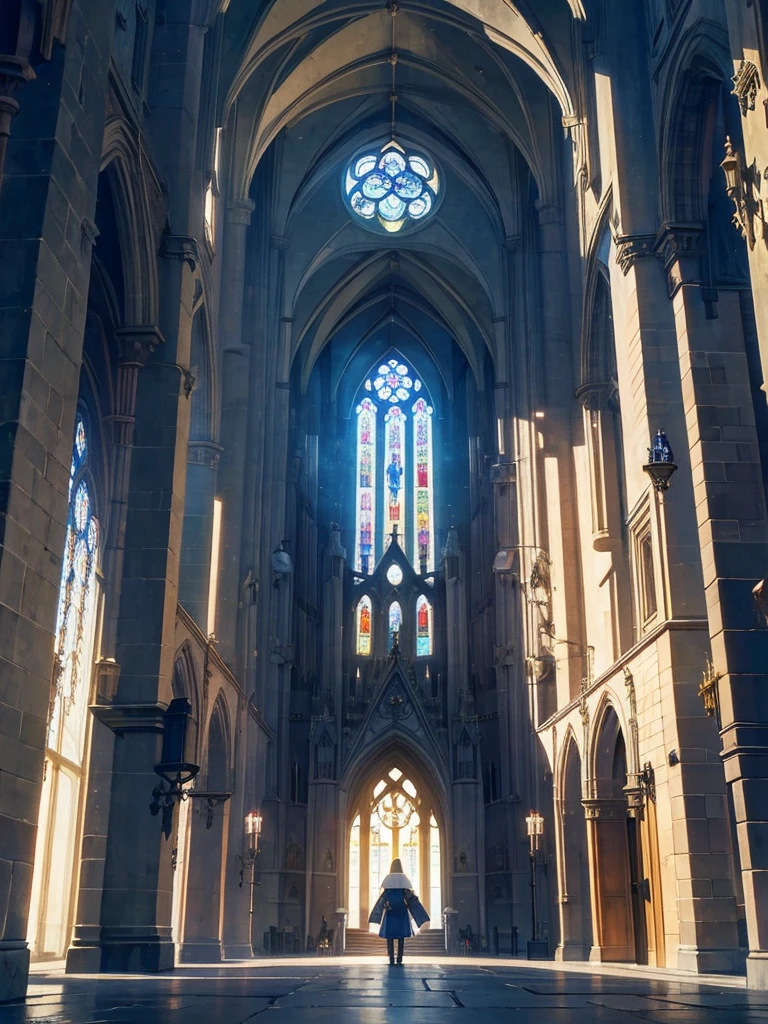 A huge cathedral under the moon、Stained glass、Chapel、Medieval streetscape,wide roadway、The sound of the bell rings out