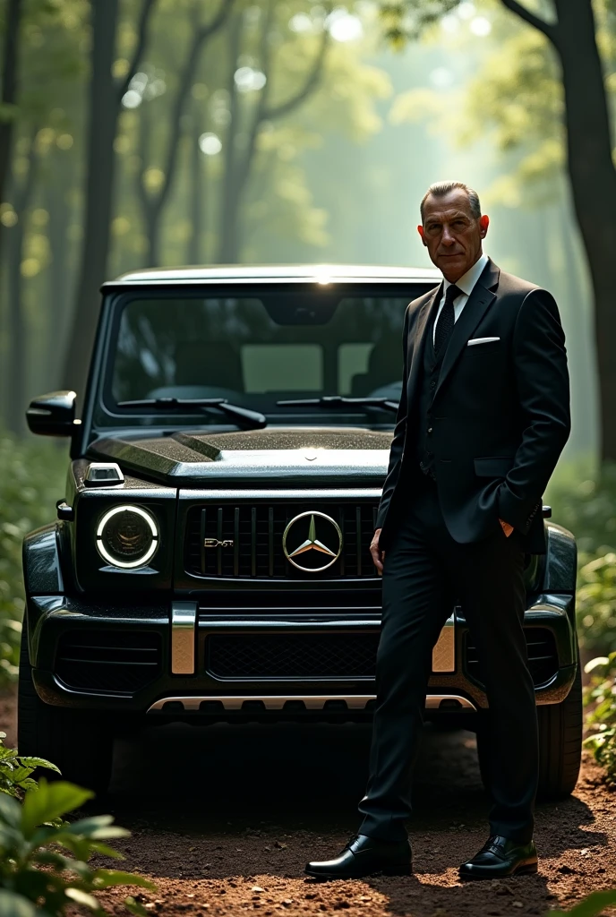 A mafia with black g wagon in forest raning