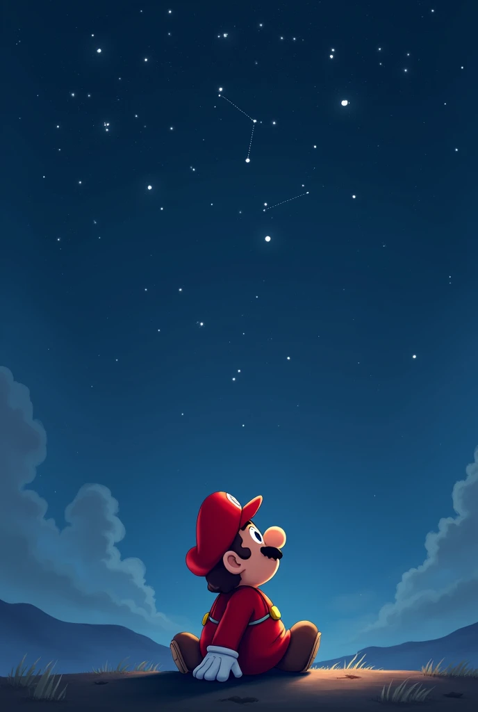 Create the character Mario sitting looking at the sky contemplating the stars, constellations and more in a blue setting