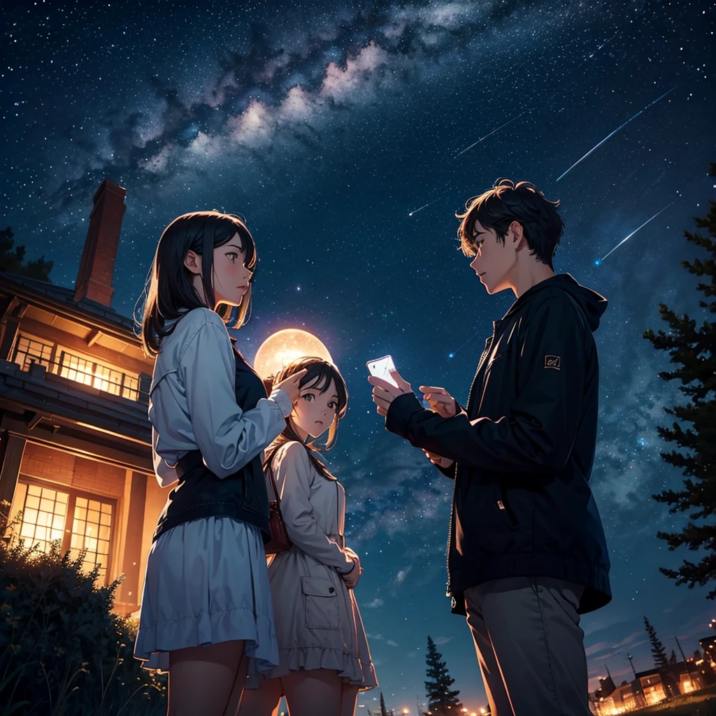 under the sterry sky two lover watching the star and meteor