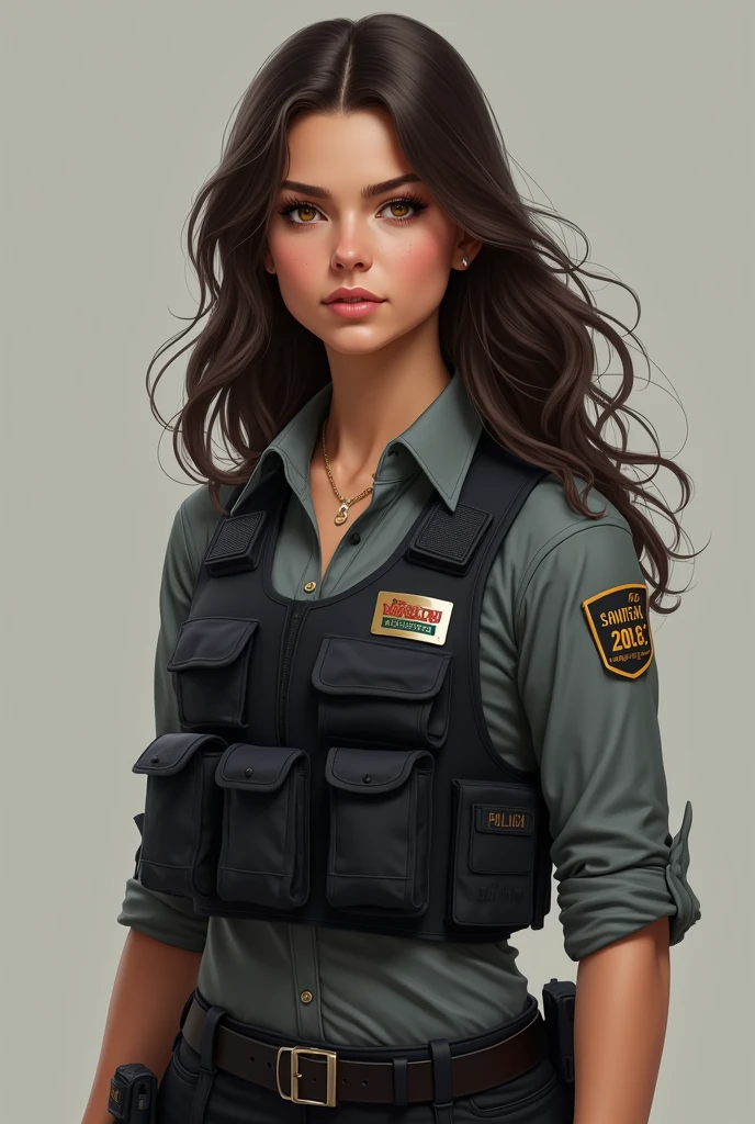 Create the image of a woman of average height, with an energetic and determined presence. She has dark brown hair, smooth and long. His eyes are brown and intense, reflecting your concentration and empathy. Julia prefers comfortable and functional clothes, like black tactical pants and button-down shirts, on her feet she normally wears boots, and I also have a small gold necklace in the shape of a crescent moon with a small crystal inside. besides always wearing a police vest. Make her realistic and make a full body image and a profile image