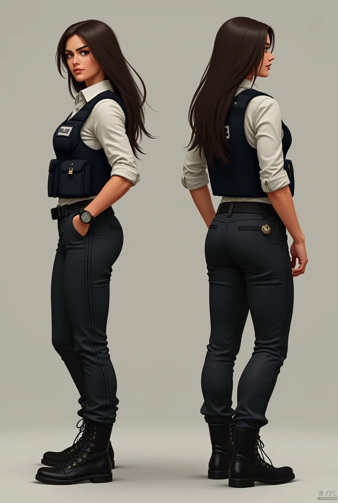 Create the image of a woman of average height, with an energetic and determined presence. She has dark brown hair, smooth and long. His eyes are brown and intense, reflecting your concentration and empathy. Julia prefers comfortable and functional clothes, like black tactical pants and button-down shirts, on her feet she normally wears boots, and I also have a small gold necklace in the shape of a crescent moon with a small crystal inside. besides always wearing a police vest. Make her realistic and make a full body image and a profile image