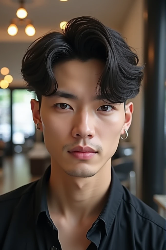 A men's haircut where he has layering front curtain bangs middle part with under cut