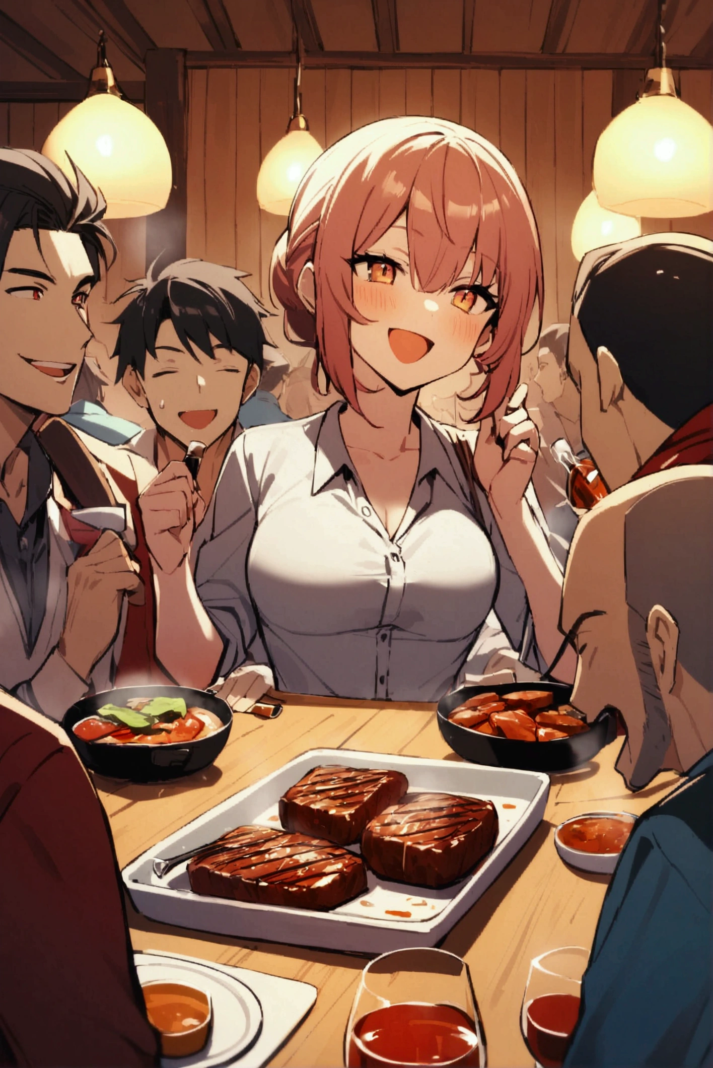 6mens,1woman,Age 35,BBQ house,indoor,Grilling meat,Surrounding the table、A fun atmosphere,liquor