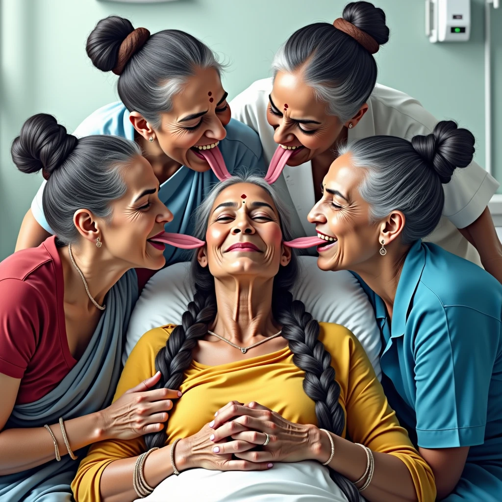 In india hospital,total 3 india eldery ladies involving and licking their hairs of each others wildly,First 60 years old eldery indian lady kneeled with her oil smeared conrowed braided hair wears saree with out blouse,Second 60 years old lady from behind to kneeled lady with her oil smeared conrow braided hair wildy raping kneeled lady' head scalp with her tongue wearing wrap saree revealing her upper saggy breast exposed, Third 60 years old eldery with her cean scalp super conrow braided hair raping kneeled lady' scalp exposing one single breast revealing ,these three ladies are with dress in as per detsiled prompt here,all four of them,with their hairs respectively colors for the marure ladies and eldery lady hairs in as per image prompt,their long,meticulaiursly suler conrowed braided hairs shining ,red lipsstick,natural tongues pulled out,licking the eldery lady' hair by  other eldery with conrowed hairs like she is being raped excat in image,These all three ladies' faces are with showing full of sexual wildness showing out from their faces exact as in image prompt,Their eyes are fullfill with sexual wildness with raping scalp as per the imahe prompt,(Show me their tongues,long tongues:1.0) styled with 100000 liters hair oil,hairs like viscus oiled pulp,slick combed hair lines highly visible,{{{{Ladies wears perfect dresses in perfectt busty}}}},{{{{{NSFW}}}}},{{{{{{Hairs highly soaked}}}}}},{{{Hairs Drenched in water}}}}},{{{slick combed hair lines}}}},{{{{Hairlines reflecting shinning like mirrors with water}},{{{{{Showcase full bodies perfect figures}}}}},{{{{{High resolution perfecr color grading}}}}}},{{{Perfect conrowed on all three ladies exactly in image prompt}}}}}}},((((((Generate ethnicity as indian sexy build ladies))))))),((((((Generate wildness poses where shows the wildness maturity of the sexually wildness and extremly extremly wildness in to hair licking by their tongues exatly as image prompt if someone sees this should get errected)))),