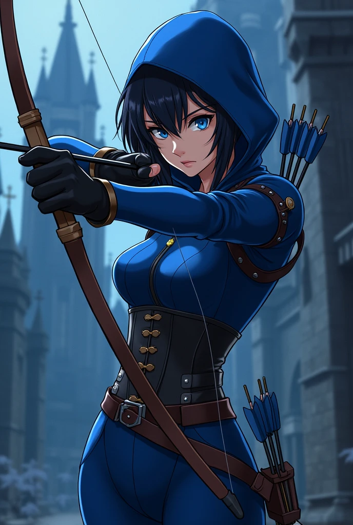 The spy girl, bow and arrows, blue suit, Leather corset, Hood, Leather belt, Blue eyes, anime drawing, digital drawing, dark blue castle background, Middle Ages, intrigue
