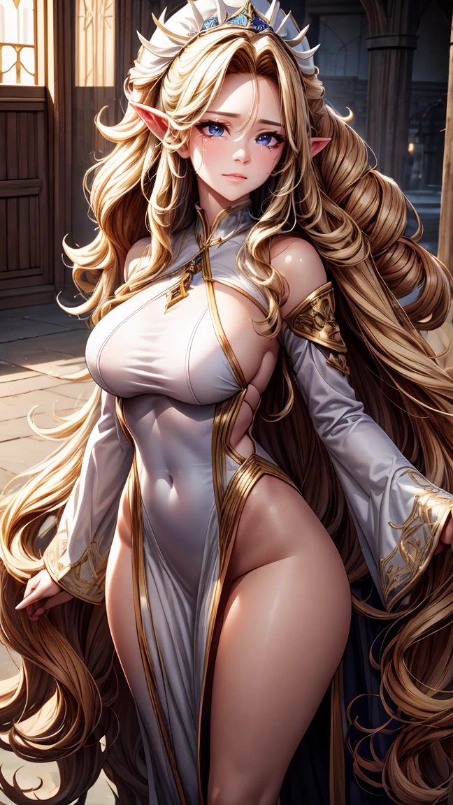 Best quality, masterpiece, ultra high res, raw photo, beautiful and aesthetic,deep shadow, fantasy theme,(ultra detailed:1.3),
1girl, dynamic pose, Realistic, cute girl, super long hair, hair, (big hair:1.3), thick hair, blonde hair, gigantic breasts, big butt, hourglass body, emphasis on hair, emphasis on eyes, emphasis on face, pointy ears, crying, white priestess clothing, detached sleeves, full body