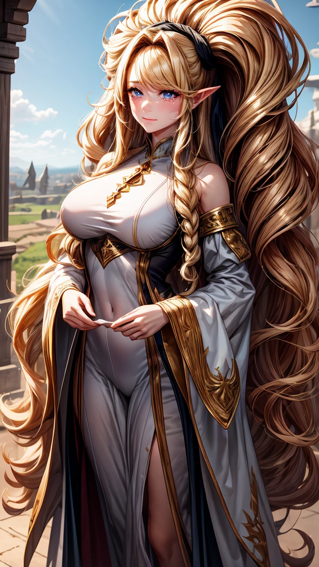 Best quality, masterpiece, ultra high res, raw photo, beautiful and aesthetic,deep shadow, fantasy theme,(ultra detailed:1.3),
1girl, dynamic pose, Realistic, cute girl, super long hair, hair, (big hair:1.3), thick hair, blonde hair, gigantic breasts, big butt, hourglass body, emphasis on hair, emphasis on eyes, emphasis on face, pointy ears, crying, white priestess clothing, detached sleeves, full body