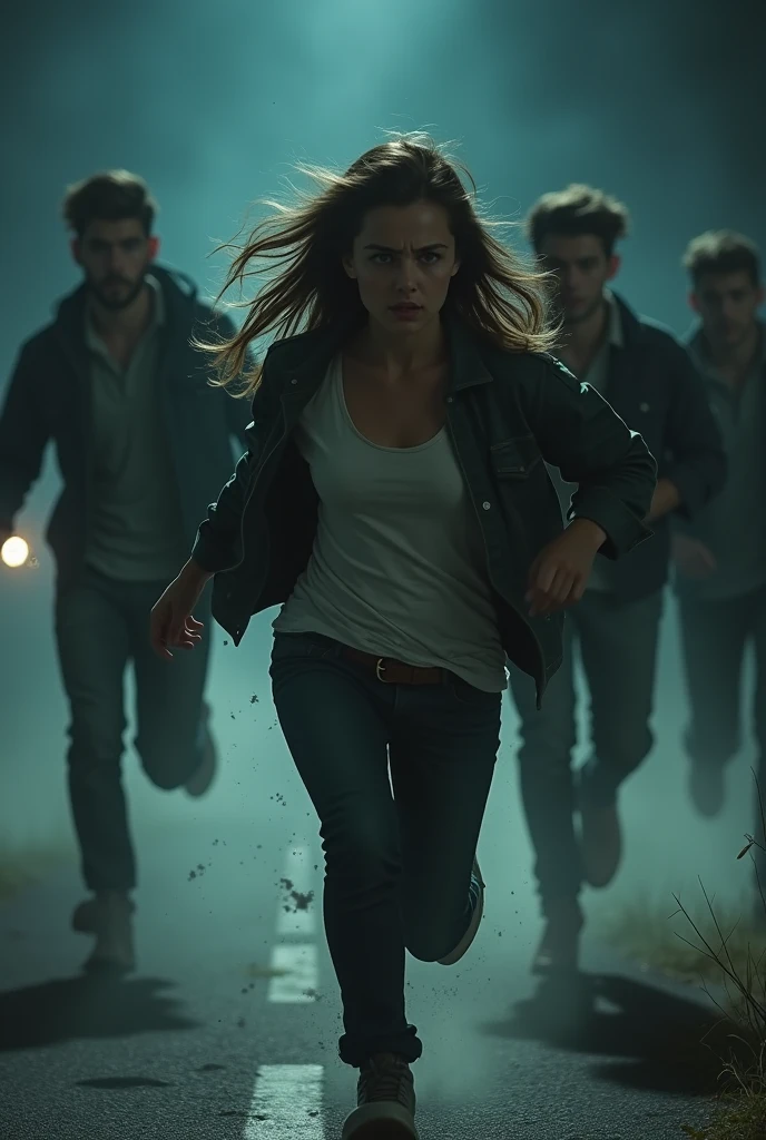 A young lady running in a road with fear, 4 boys chasing her from behind with some weapon at night in low light situation. The girl's shirt is torn apart in several places 