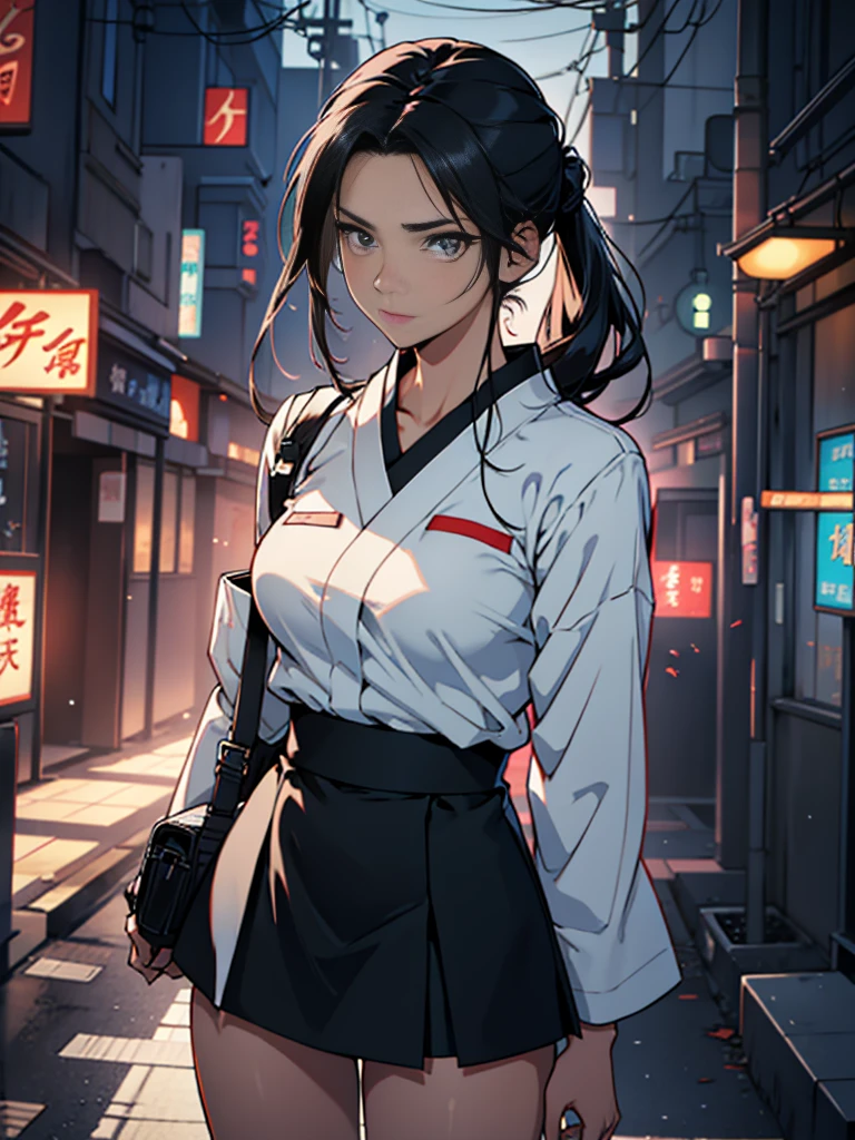 One adult woman with narrow eyes,career woman,Tight skirt,pumps,lawyer,cool,gauze, Forehead,Anatomically correct, accurate, masterpiece, Highest quality, Winner of numerous awards, Textured skin, retina, retina, Black Hair, Half-up hairstyle, solemn, Column Lineup,Cinematic light effects, Anime Style, Japanese illustration style, Half-up hairstyle, Very adult
