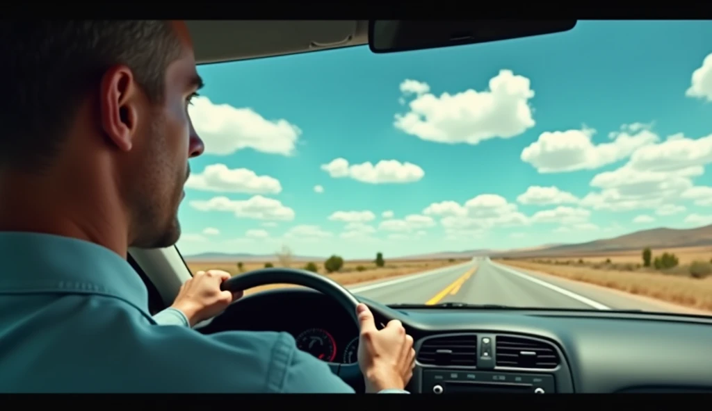 A photorealistic scene of a man driving a car along a southern highway beneath a vivid blue sky with scattered clouds. The scene is depicted in 4K resolution, with high attention to the textures of the car and the man's concentrated expression. The camera angles shift from an overhead view to a ground-level perspective, enhancing the sense of speed and solitude. Clarity should be enhanced to highlight the crispness of every element, and a gradual zoom effect should be added to focus on the man’s journey.