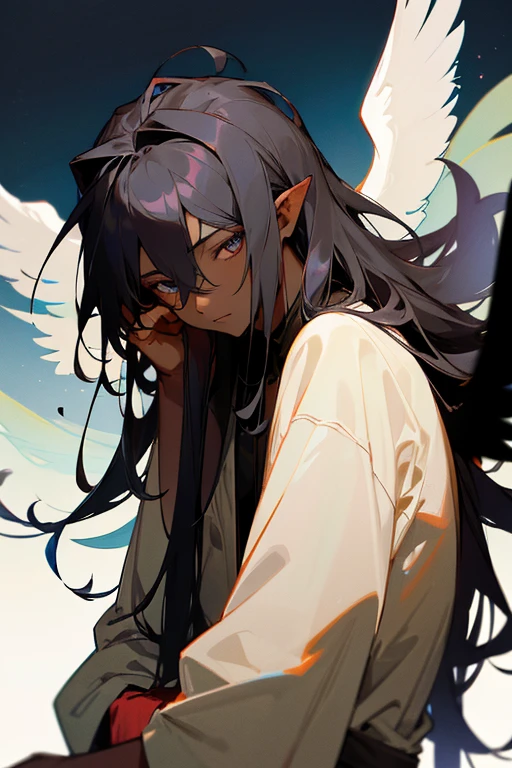 black skin, four wing ears covering the eyes on the head, and there is one eye on each of these wings. , his hairstyle is laid on his side and long hair on the back of his head, 1boy