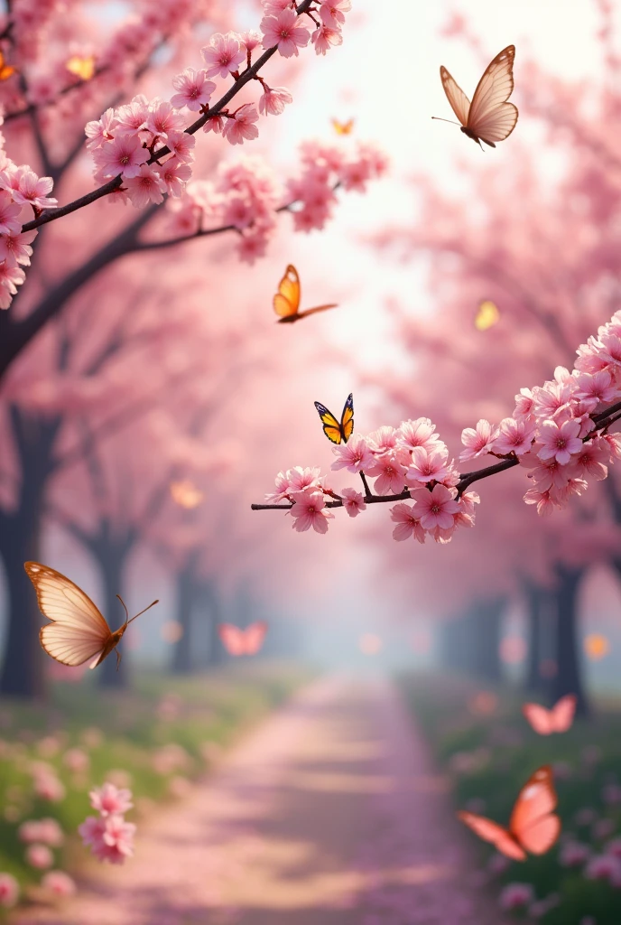 Cherry blossoms and butterflies flying