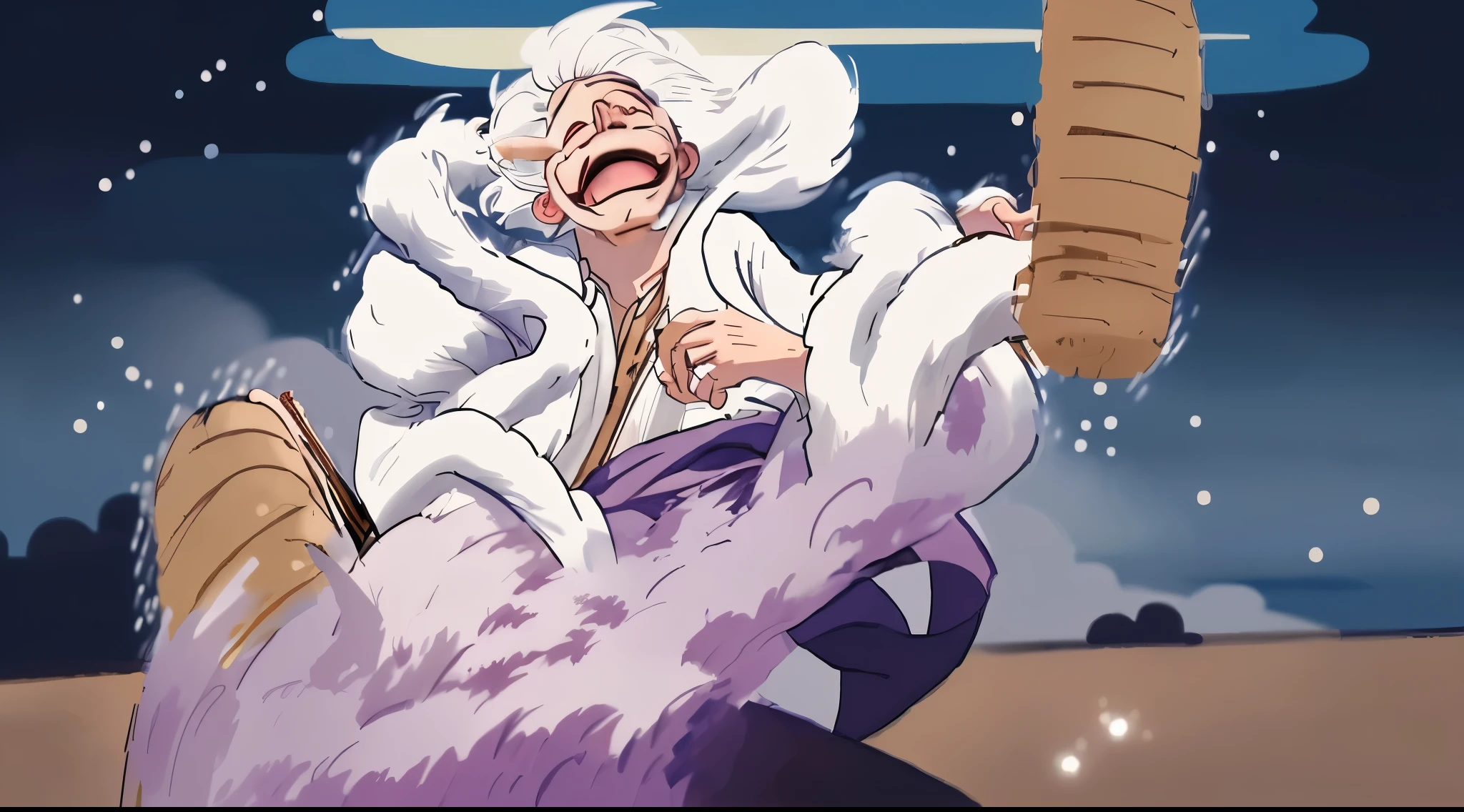 masterpiece, best quality, ukiyo-e:1.2, in hokusai style, a 20s cool man, detailed face, laughing, eye closed, white hair, moon
