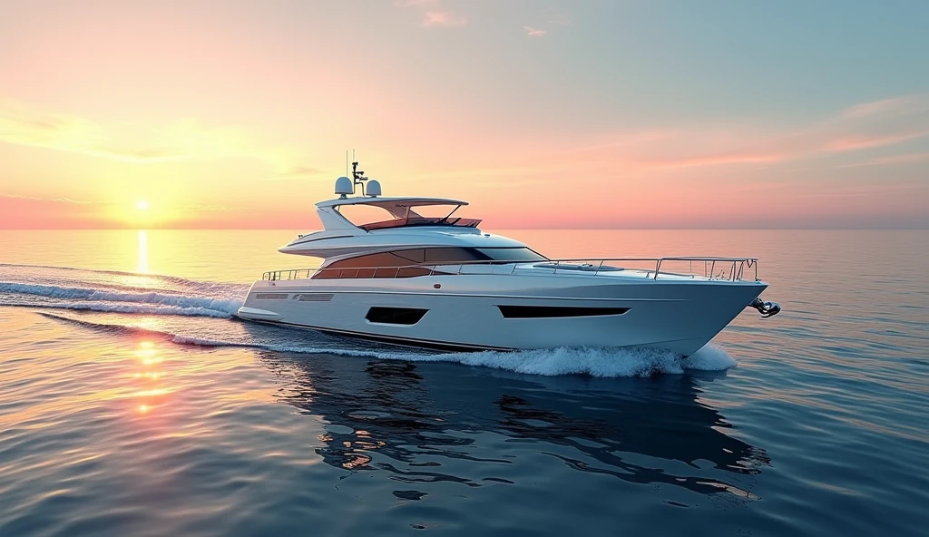 A pure white yacht on the sea、evening