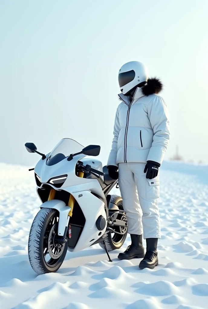 alone, male, standing, white winter jacket, hood up, white cargo pants, black fur around hood, white moter cycle helmet, white motorcycle, 18, fit, best quality