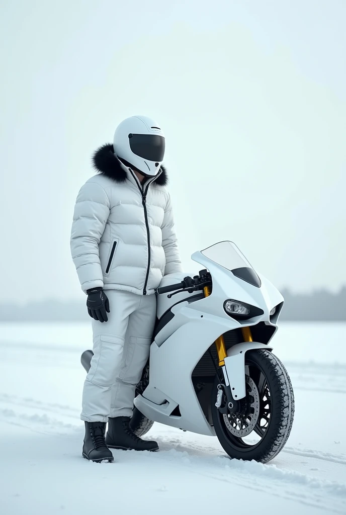 alone, male, standing, white winter jacket, hood up, white cargo pants, black fur around hood, white moter cycle helmet, white motorcycle, 18, fit, best quality