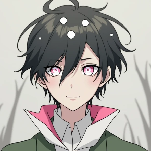 bangs, Droopy eyes, Three white eyes, Black Hair, Diagonal bangs, Natural Curl, Inner Color, Very short hair, Simple Background, Background Blur, Japanese illustration style, male,Mash Hair,Pink Eyes,Collar hair,Pink Inner Color,Pink Collar Hair,Pink nape,Male sex overlooking, A series of character actions,