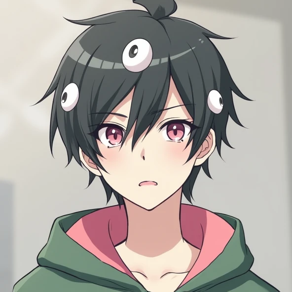 bangs, Droopy eyes, Three white eyes, Black Hair, Diagonal bangs, Natural Curl, Inner Color, Very short hair, Simple Background, Background Blur, Japanese illustration style, male,Mash Hair,Pink Eyes,Collar hair,Pink Inner Color,Pink Collar Hair,Pink nape,Male sex overlooking, A series of character actions,