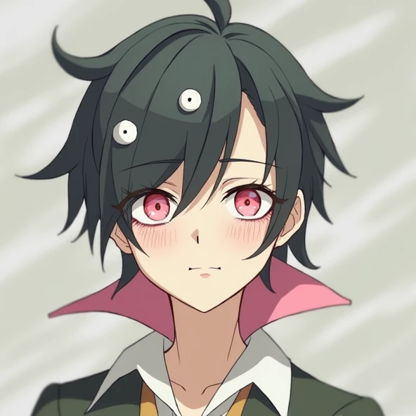 bangs, Droopy eyes, Three white eyes, Black Hair, Diagonal bangs, Natural Curl, Inner Color, Very short hair, Simple Background, Background Blur, Japanese illustration style, male,Mash Hair,Pink Eyes,Collar hair,Pink Inner Color,Pink Collar Hair,Pink nape，Male sex overlooking, A series of character actions, 