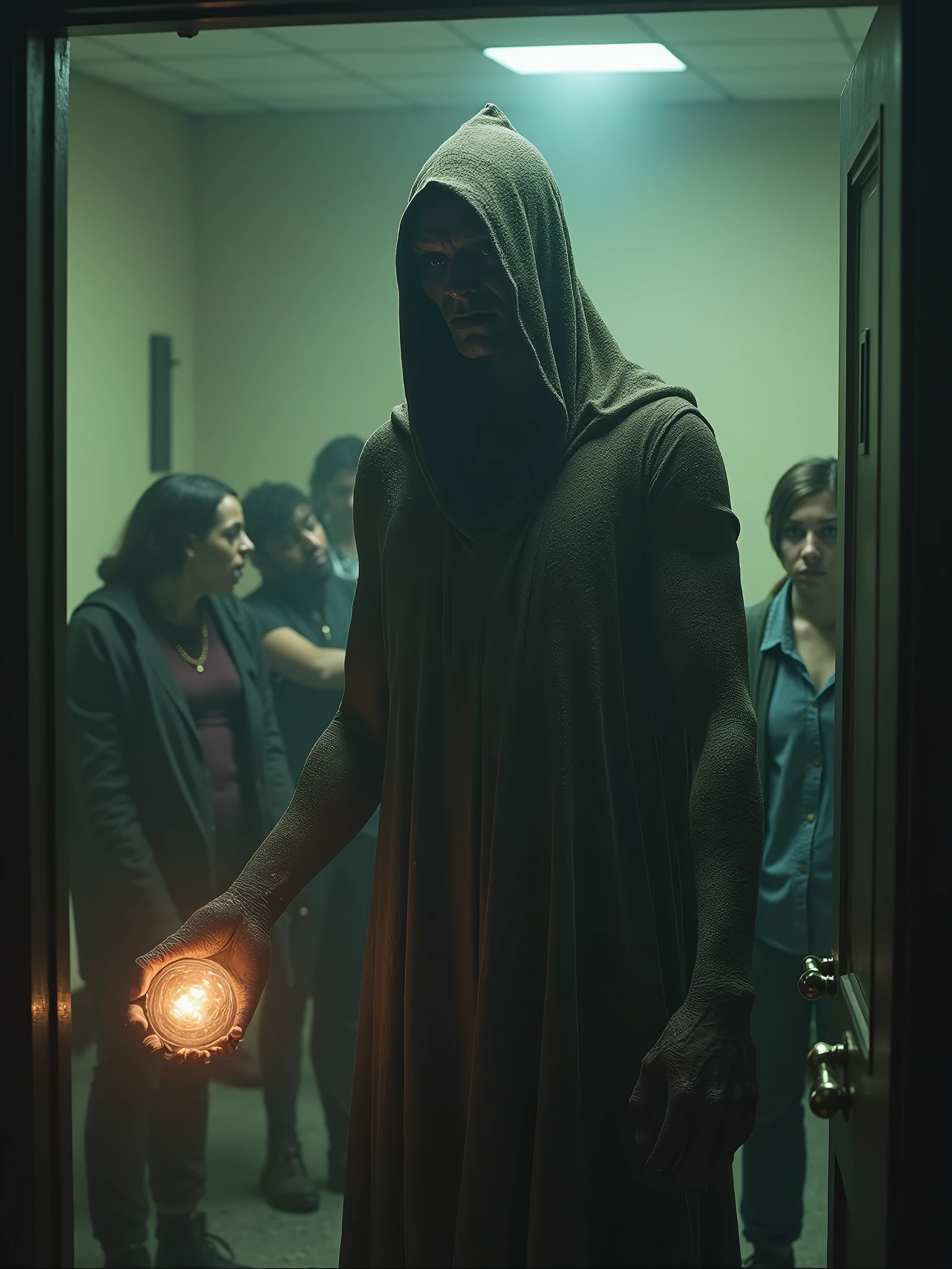 A captivating security camera image of an unexpected humanoid encounter. In the foreground, a tall, mysterious figure with an elongated head and large, dark eyes stands in a dimly lit room. The creature is wearing a tattered cloak and is holding a glowing orb in its hand. The background reveals a group of confused and frightened people huddled together, trying to understand the strange presence. The overall atmosphere of the image is one of intrigue and unease.