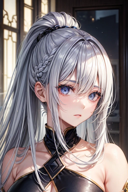woman、A hairstyle in which all hair is swept back、Odd Eye、Silver hair back、male、Her hair is shoulder-length、Odd Eye、male&#39;Left eye is red、male right eye blue、Increase the wide angle、Clear Eyes、male、White and gold magic costume.(Swimwear)、((Swimwear)).(Looking up)、