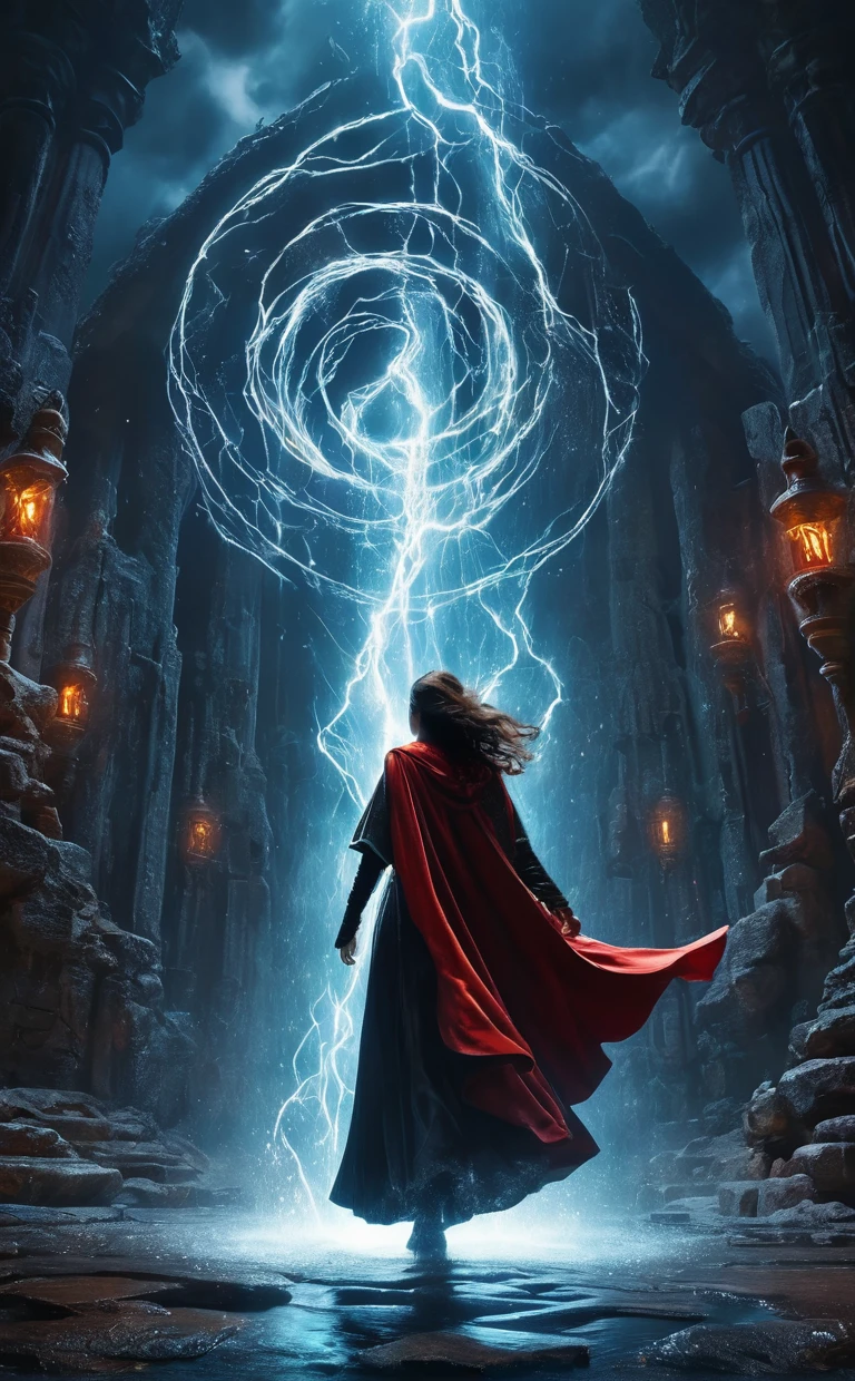 1 Witch, middle aged, 
Witch in leather boots, Silk robes, and a red velvet cape, Perform water magic with one hand，Casting thunder magic with one hand, And write big, Glowing Ancient Rune.
rest, Dark Night，In the huge outdoor ruins, There is a huge rune carved into the floor. A shining element，Floating in the air in the form of a ring.
rest, panoramic, Movie Lighting, A dramatic scene, Fantasy Hong Kong Magic,