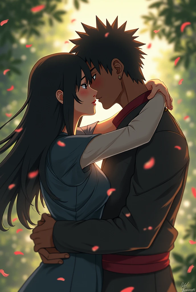 Hinata and the black man kiss, with the background of Naruto being sad