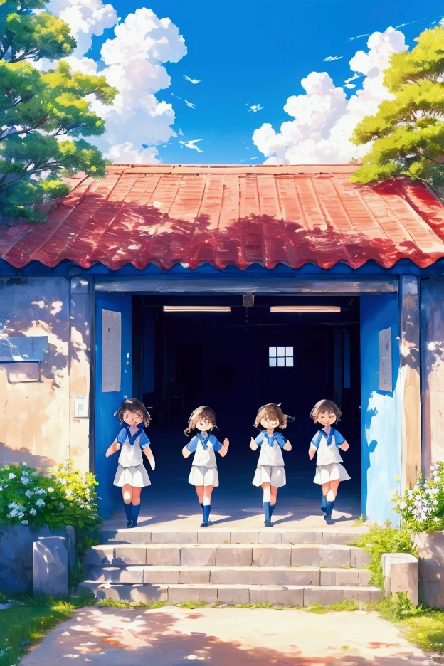 A group of cute primary school students walked into the school gate, the school gate,looking happily and firmly above, blue sky and white clouds in the background, depth of field effect, soft light, vibrant colors, relaxed atmosphere, fresh tones, high quality, 8k