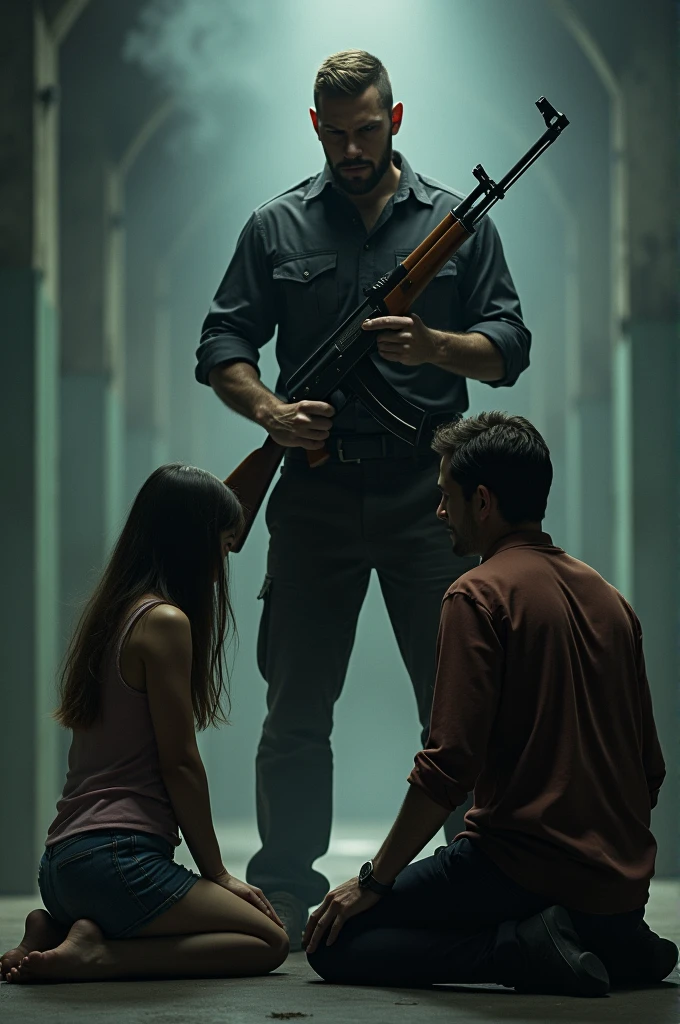 Roberts with ak47 in hand and girl and man setting infront of Robert on his nee 