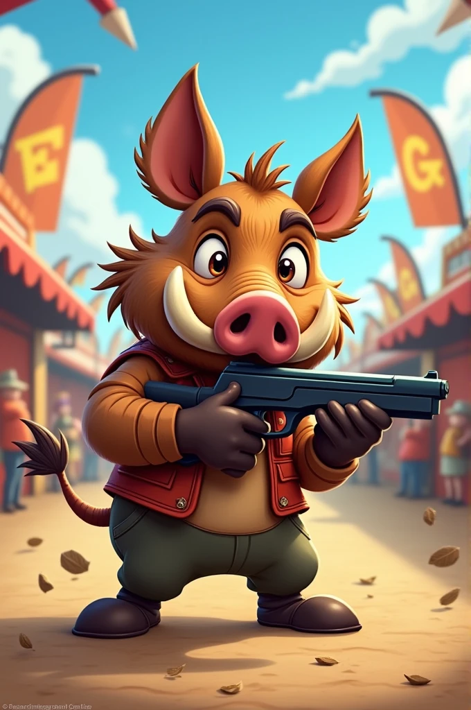 Sanglier toon, 3/4 face, concours de tir, pistolet,