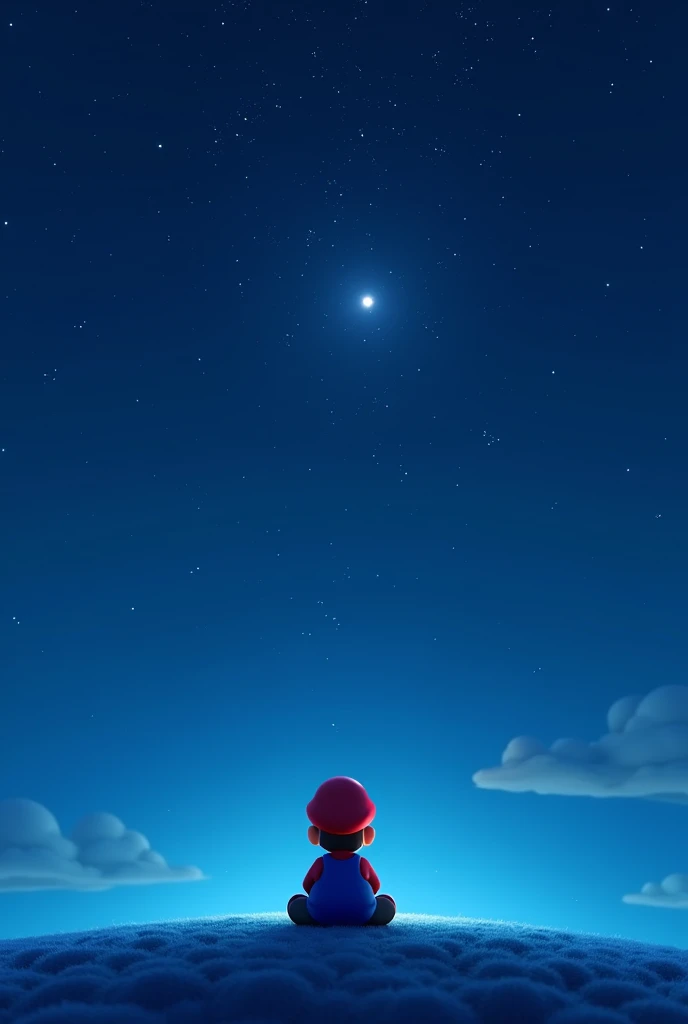 Create the Mario character sitting looking at the sky contemplating the stars, constellations and more in a blue 3D setting