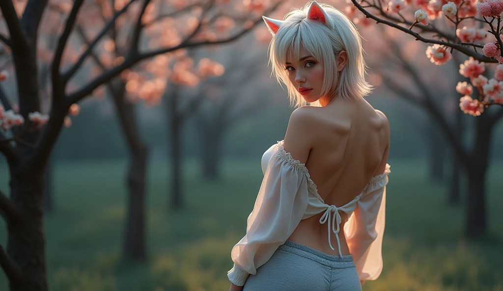 (8K, Best Quality, Masterpiece, Ultra High Definition: 1.2), very beautiful girl, sexy juicy body, very seductive pose, moaning in pleasure, cat ears, cozy park, showing back, bloom, bokeh, grey yoga pants, wet vagina, Large-size shirt, See-through white shirt, Off-shoulder, small breasts, short hair, messy hair, white hair, red highlights, strikingly beautiful blue eyes with sparkles, symmetrical eyes, Dim Lights, full body view