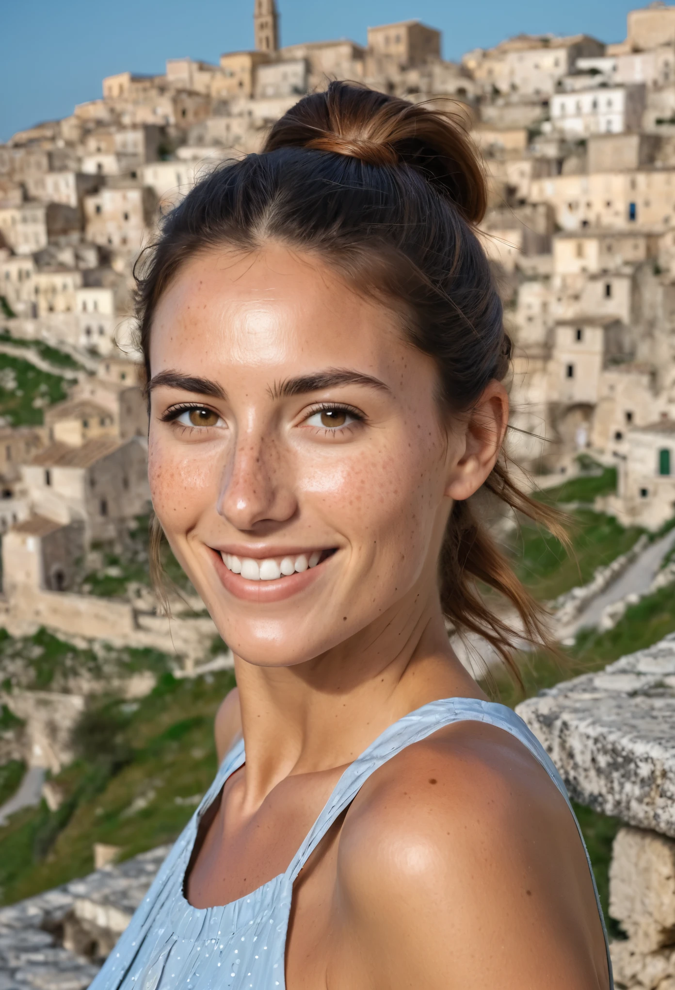 Portrait of Roberta Gemma, italian woman, 30 years old, face highly detailed, natural skin with light freckles, light make-up, hair up with a ponytail, smiling. Sassi di Matera in background
