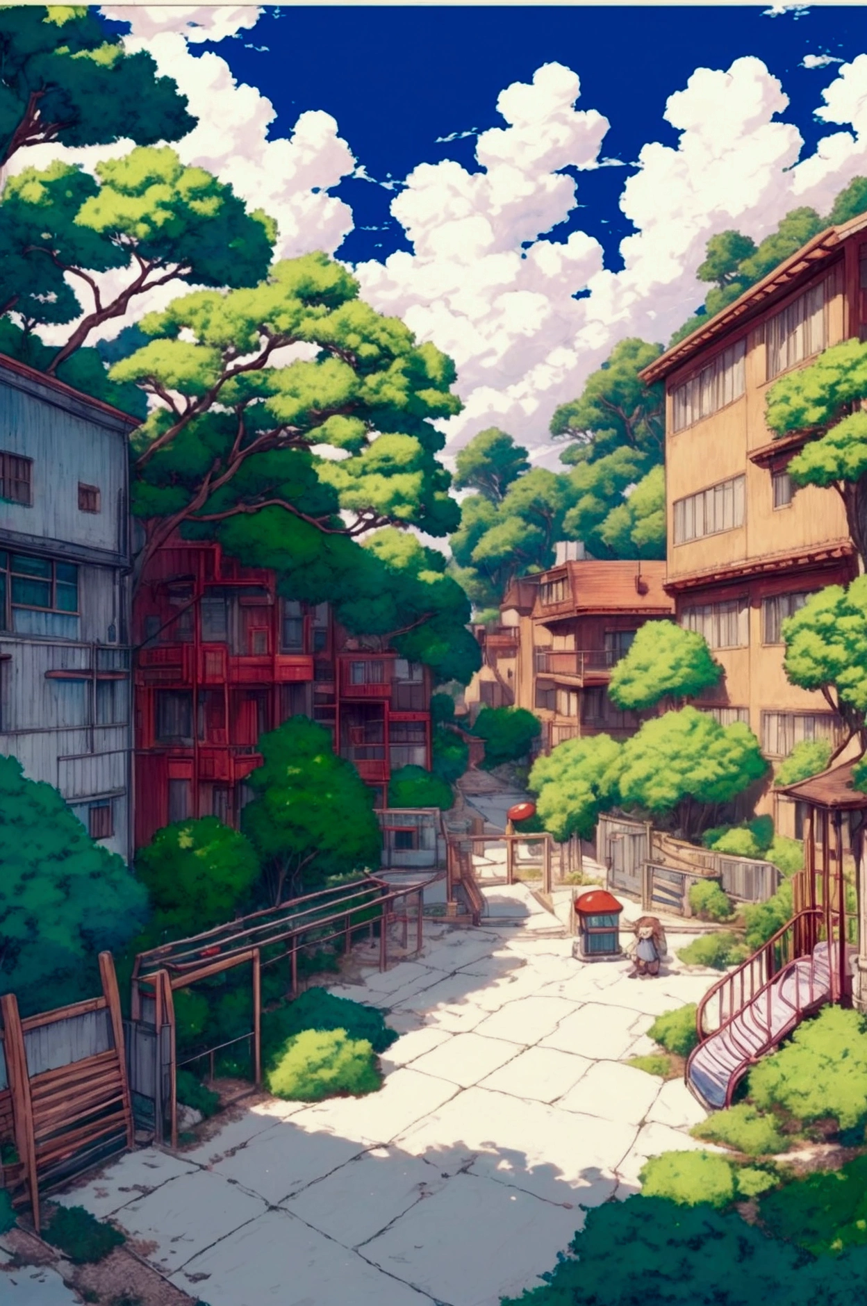 A middle school drawn in bright colors in the style of Ghibli animation. The sky is clear with fluffy white clouds. There are many children in the school. The protagonists are a boy and a girl, holding hands and standing by the guardrail of the playground. This scene captures the essence of Studio Ghibli, with its clean lines, dreamy atmosphere, and the signature red and white palette of Miyazaki's work.