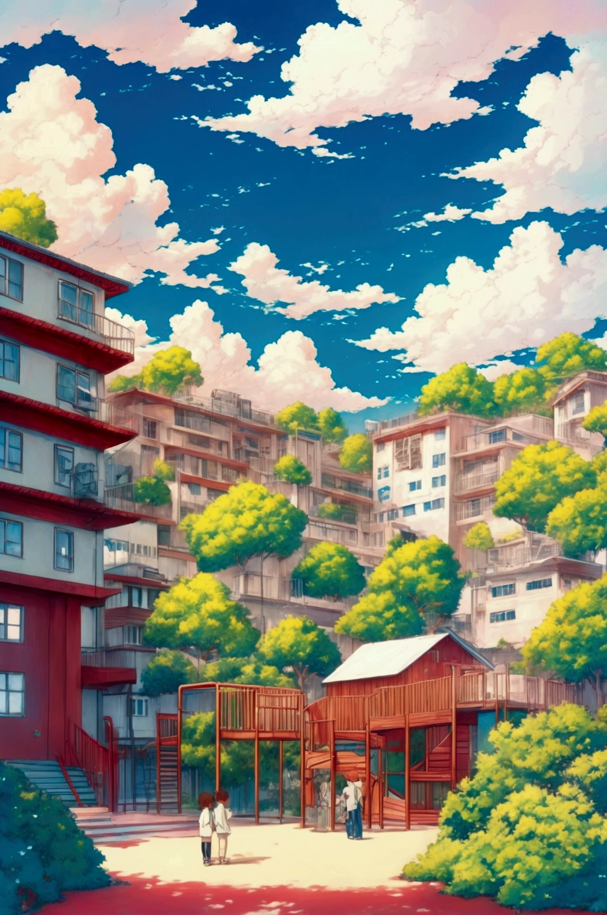 A middle school drawn in bright colors in the style of Ghibli animation. The sky is clear with fluffy white clouds. There are many children in the school. The protagonists are a boy and a girl, holding hands and standing by the guardrail of the playground. This scene captures the essence of Studio Ghibli, with its clean lines, dreamy atmosphere, and the signature red and white palette of Miyazaki's work.