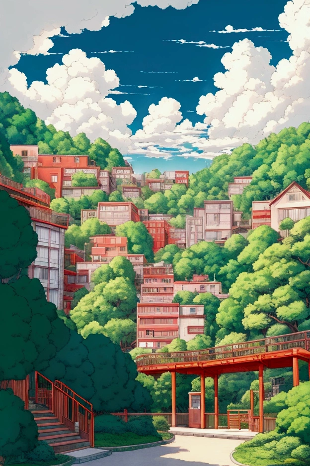 A middle school drawn in bright colors in the style of Ghibli animation. The sky is clear with fluffy white clouds. There are many children in the school. The protagonists are a boy and a girl, holding hands and standing by the guardrail of the playground. This scene captures the essence of Studio Ghibli, with its clean lines, dreamy atmosphere, and the signature red and white palette of Miyazaki's work.