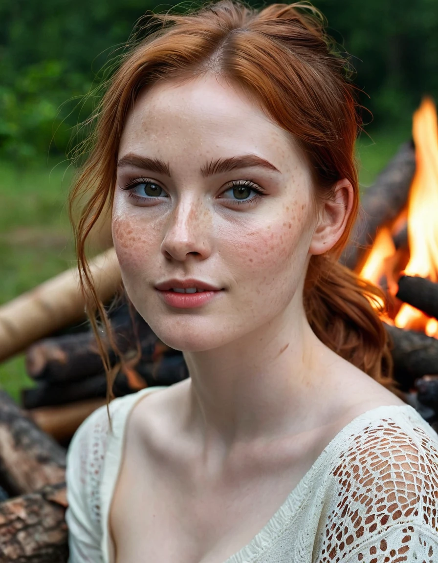 photography half body portrait of very beautiful realistic girl, sitting in front of bonfire, porcelain skin, very fair skin, very pale skin, redhead, wavy, ponytail, hazel eyes, slanted eyes, small nose, small nostril, curved eyebrow, thick bottom lip, seductive gaze, happy face, unique face, detail photo, realistic photo, master piece picture, sharp picture, outdoor camping , detail skin, fine lines on face, palm skin, plump body, uneven skin tone, small red pigmentation on nose and cheeks, dark circles, glass skin, skin spots, acnes, skin blemishes, open pores, full body photo, It should look as if the photo has been clicked with a phone.
