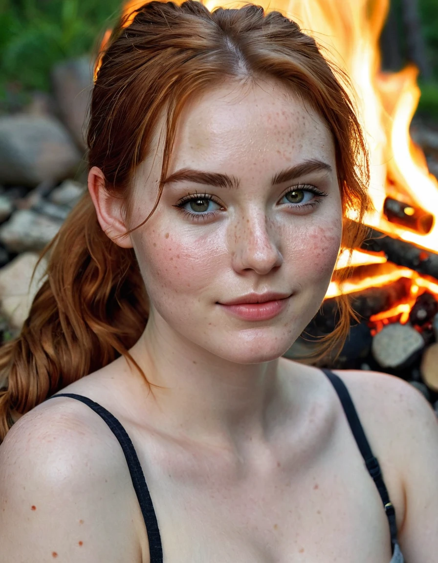 photography half body portrait of very beautiful realistic girl, sitting in front of bonfire, porcelain skin, very fair skin, very pale skin, redhead, wavy, ponytail, hazel eyes, slanted eyes, small nose, small nostril, curved eyebrow, thick bottom lip, seductive gaze, happy face, unique face, detail photo, realistic photo, master piece picture, sharp picture, outdoor camping , detail skin, fine lines on face, palm skin, plump body, uneven skin tone, small red pigmentation on nose and cheeks, dark circles, glass skin, skin spots, acnes, skin blemishes, open pores, full body photo, It should look as if the photo has been clicked with a phone.
