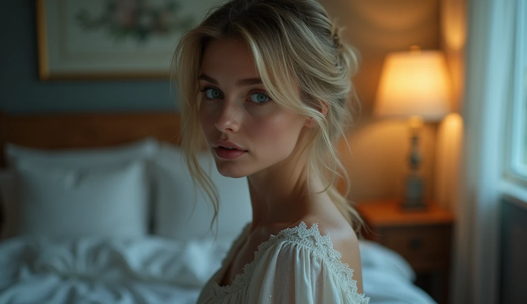 (Photorealsitic:1.4), (​masterpiece:1.3), (top-quality:1.4), ((ultrarealistic)), HD 8k, well proportioned full slim tonned body of ((innocent and little 30 years woman) , woman with bright expression, extremely beautiful, amazing beautiful, extraordinary beautiful, Detailed cute femenine and beautiful face, beautiful big almond blue eyes, Detailed facial features , (Sharp focus: 1.2）, (Focus on the face:1.2),Perfect Style, Beautiful Face, Acura, Anatomically correct, Highly detailed face and skin texture, Beautiful Eyes,Beautiful Eyes, Natural Cheeks, Glowing Skin, Fair skin: 1.2, (Glossy Lips: 1.4), elegant stylish  blonde hair, perky small elegant nose, full red lips, extremely detailed eyes and face, long eyelashes, elegant lady, graceful pose, Glowing white shiny skin, subtle makeup, extremely pale woman, extremely pale skin, extremely  beautyful legs, tonned legs, nice perky ass, (cozy night bedroom), alternative vibe,vibrant lighting, high contrast,dramatic shadows,highly detailed,detailed skin,depth of field,dynamic angle,glimucent plane white  flimsy nightshirt, film grain, woman in flimsy nightshirt, full body view, full standing at side of  bed view, desire look,   (complete full body view), detailed skin, woman in flimsy nightshirt, detailed high heels