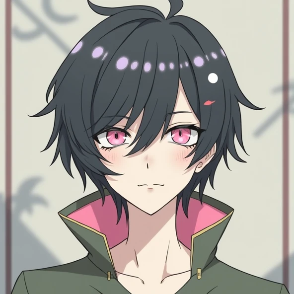 bangs, Droopy eyes, Three white eyes, Black Hair, Diagonal bangs, Natural Curl, Inner Color, Very short hair, Simple Background, Background Blur, Japanese illustration style, male,Mash Hair,Pink Eyes,Collar hair,Pink Inner Color,Pink Collar Hair,Pink nape,Male sex overlooking, A series of character actions,