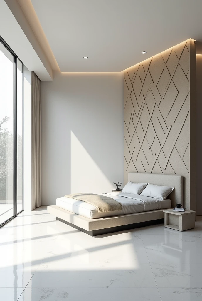 Modern bedroom design with white floor and broad complex backborad 