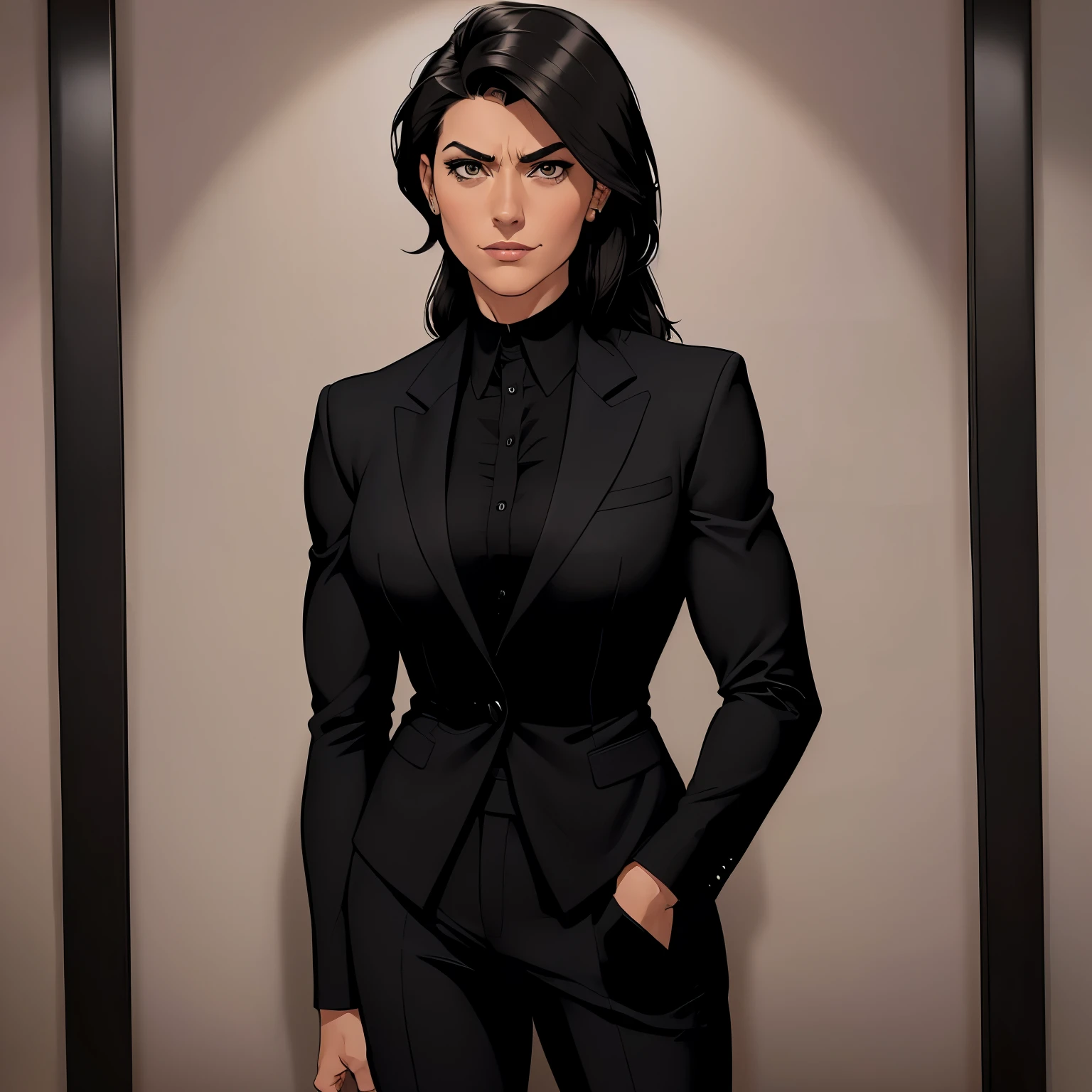 (a Spanish women:1.3), (short black hair, hazel eyes:1.3), tomboy, intimidating looks, smirking, sharp chin, (wearing Black tailored suit:1.2), (office hall background:1.4), (serious expressions:1.3)