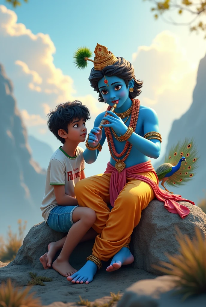 create a 3d image of 18year old Indian devotional boy who is sitting next to krishna ji and Krishna ji playing the flute, they both sit together on the mountain,boy wearing T-shirt Name "Priyam" written on it, heaven like beautiful view background, peacock dancing,realistic image and boy is in barefoot.